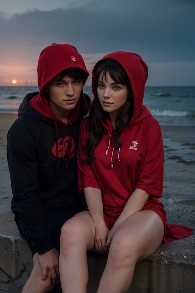 Full shot, a beautiful woman in a red long hooded t-shirt with a black hat is sitting on the beach with a handsome man in a red t-shirt with a black hat, with the atmosphere of the blue sea at dusk 