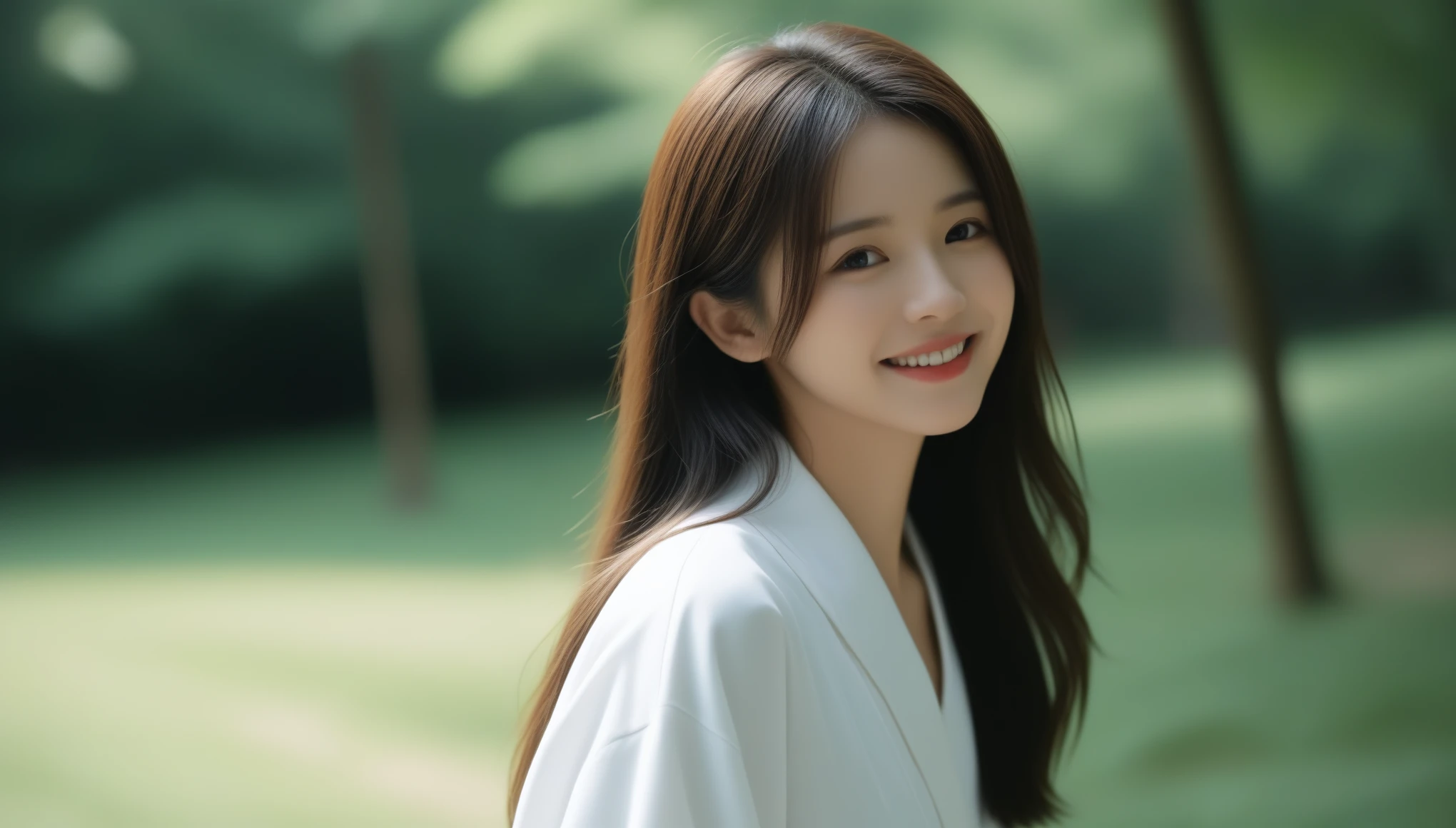 8K, Ultra-high resolution, Highest quality, masterpiece, 三分割法によるphotograph,Surreal, photograph, 1 girl, (16 years old:1.3), pretty girl, Cute face, Beautiful eyes in every detail, 細かくdetailedに,masterpiece,, One Girl:1.2, Japan Female Announcer,whole body,Young Wife,Girl with her back to the camera, evening, forest、Full of cleanliness,A carefree smile,Healing the heart,Semi-long layered hair,Looking at the audience、beauty,Long neck、Laugh a little、Please close your mouth and laugh、(((Ideal body type))),A-cup small breasts :2,、Portraiture:2、Perfect Anatomy、鮮明なdetailed、detailed、Surreal、Light and shadow,Strong light