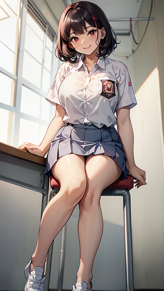 1 woman, , curly bob hair, plump body, red eyes, Indonesian high-school uniform, (white transparent shirt), osis logo on shirt pocket, big breasts, light-grey pleated skirt, sitting on a chair, full body shot, smiling, in the classroom.