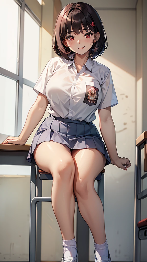 1 woman, , curly bob hair, plump body, red eyes, Indonesian high-school uniform, (white transparent shirt), osis logo on shirt pocket, big breasts, light-grey pleated skirt, sitting on a chair, full body shot, smiling, in the classroom.