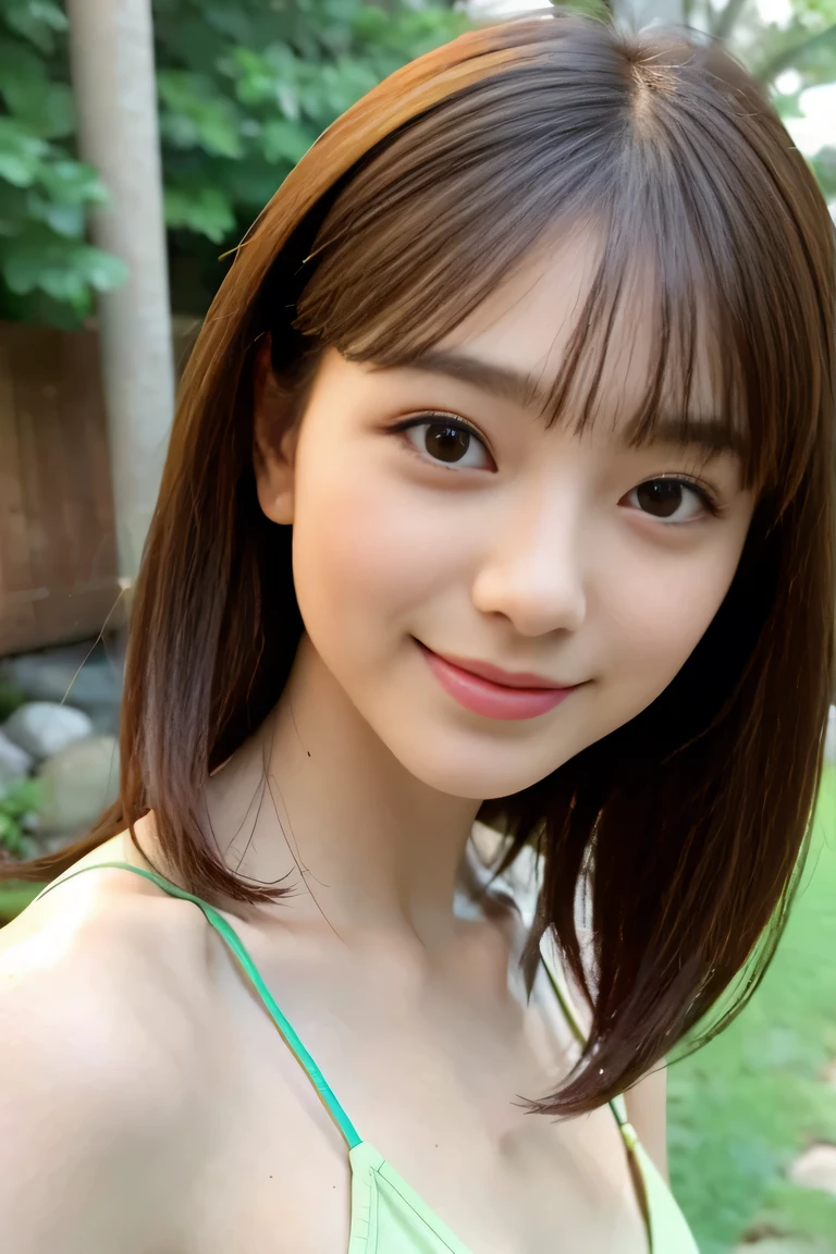 (highest quality, very cute girl), thin and thin eyebrows, 　light green bikini , (amazingly beautiful breasts) small breasts,　gravure, looking at the viewer, ************ one japanese girl,　 beautiful straight bob hair,　flowing bangs,　small head, , sharp focus, fine skin, eyes and face,　The background is beautiful and wide.. luxurious and beautiful 　,　(Sexual Tutor:1.3), shy smiling, standing straight, nsfw,