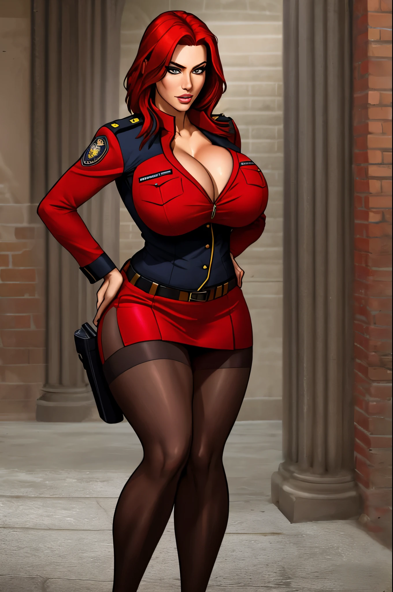 Busty cop, sexy uniform. realistic, red hair, short skirt