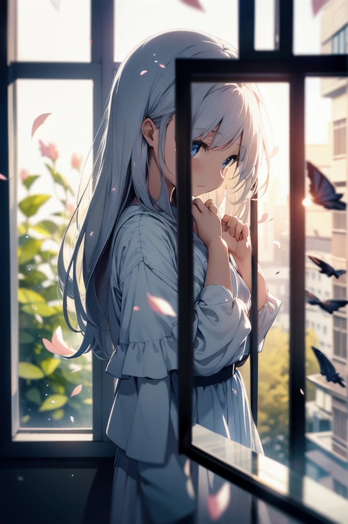 girl, (Out of the window:1.1), (exterior:1.1), From the third person, Fluttering petals, (Depth of written boundary, Blurred, Blurred background, Bokeh:1.2)