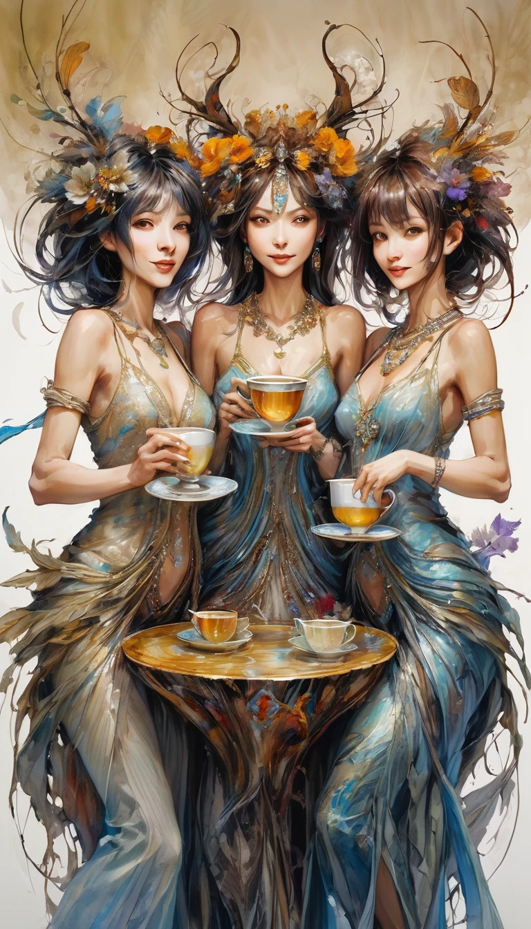 three women have fun and dance, each holding a cup of liquor, luxurious cups(art inspired by Brian Froud and Carne Griffiths and Wadim Kashin, intricate details, oil)