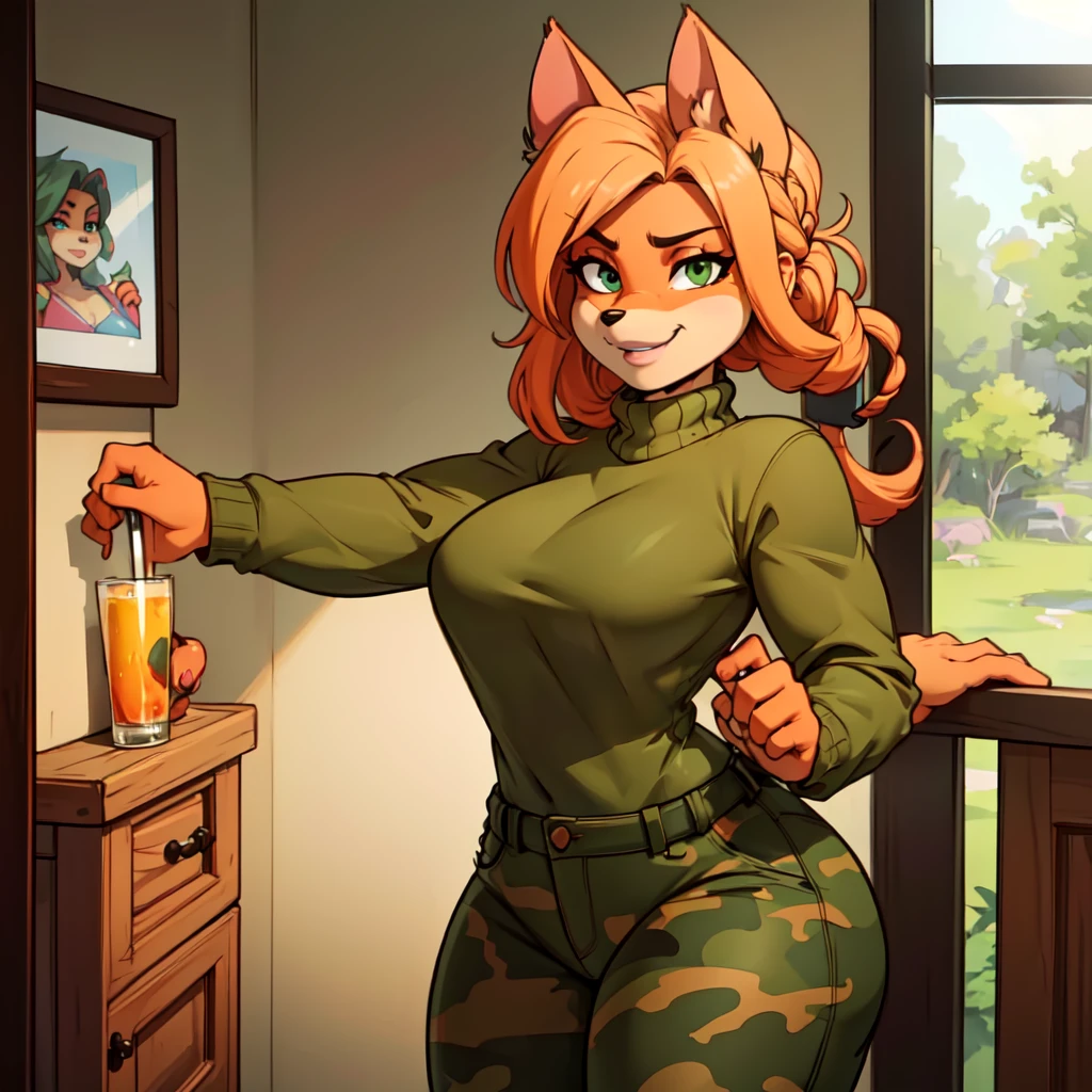 (Best quality,4K,8 k,A high resolution,masterpiece:1.2),ultra detailed,realistic:1.37,portrait,anthro bandicoot girl red, Braided hair, beautiful green eyes,   ,, warm sweater, camouflage pants,  grinning,  , Anthro Girl , sweater, camouflage pants, He approaches the viewer And hugs