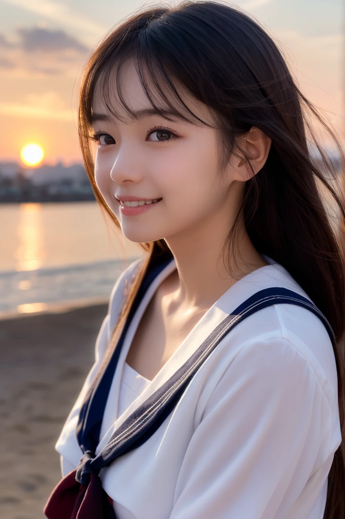 (1 Girl )、(Beautiful Japanese、18years old,round face、Refreshing、clear、seems kind、stylish、Pitiful、cute like an angel、cute、black eyes、,actress,Almond-shaped eyes,Translucent white skin、Beautiful skin), {(Japan human face:1.4)} , (((Beautiful breasts:0.4))),(((soft breasts))),(very cute),(Black hair),(enchanting eyes),(highlight on eyes:1.2)、(8K、Live shooting、highest quality、masterpiece:1.2、optimal lighting)、((masterpiece)),(Photo taken by a professional photographer),(real、photo real:1.4),BREAK,{(cute Japanese high school sailor uniform),((traditional Sailor Suit:1.0))},(cheeks are red:1.3), BREAK, BREAK,Face shot:1.3、 face close-up,Looking at viewer,happy,Little smile,evening、Japan,evening、sunset、、cumulonimbus,A fresh breeze、Hair swaying in the wind,Sunset,profile,side shot,Sandy Beach
