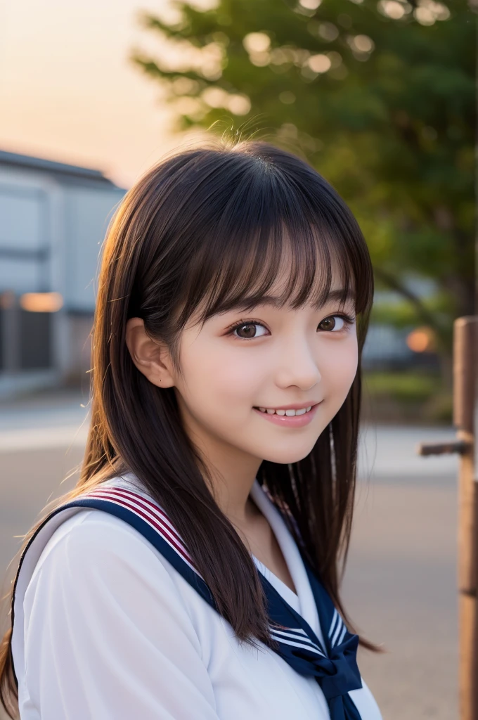 (1 Girl )、(Beautiful Japanese、18years old,round face、Refreshing、clear、seems kind、stylish、Pitiful、cute like an angel、cute、black eyes、,actress,Almond-shaped eyes,Translucent white skin、Beautiful skin), {(Japan human face:1.4)} , (((Beautiful breasts:0.4))),(((soft breasts))),(very cute),(Black hair),(enchanting eyes),(highlight on eyes:1.2)、(8K、Live shooting、highest quality、masterpiece:1.2、optimal lighting)、((masterpiece)),(Photo taken by a professional photographer),(real、photo real:1.4),BREAK,{(cute Japanese high school sailor uniform),((traditional Sailor Suit:1.0))},(cheeks are red:1.3), BREAK, BREAK,Face shot:1.3、 face close-up,Looking at viewer,happy,Little smile,evening、Japan,evening、sunset、、cumulonimbus,A fresh breeze、Hair swaying in the wind,Sunset,profile,side shot,Sandy Beach