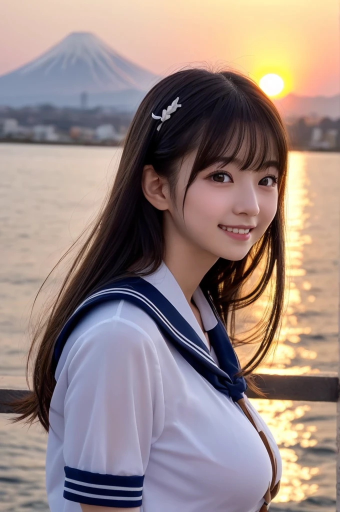 (1 Girl )、(Beautiful Japanese、18years old,round face、Refreshing、clear、seems kind、stylish、Pitiful、cute like an angel、cute、black eyes、,actress,Almond-shaped eyes,Translucent white skin、Beautiful skin), {(Japan human face:1.4)} , (((Beautiful breasts:0.4))),(((soft breasts))),(very cute),(Black hair),(enchanting eyes),(highlight on eyes:1.2)、(8K、Live shooting、highest quality、masterpiece:1.2、optimal lighting)、((masterpiece)),(Photo taken by a professional photographer),(real、photo real:1.4),BREAK,{(cute Japanese high school sailor uniform),((traditional Sailor Suit:1.0))},(cheeks are red:1.3), BREAK, BREAK,Face shot:1.3、 face close-up,Looking at viewer,happy,Little smile,evening、Japan,evening、sunset、、cumulonimbus,A fresh breeze、Hair swaying in the wind,Sunset,profile,side shot,Sandy Beach
