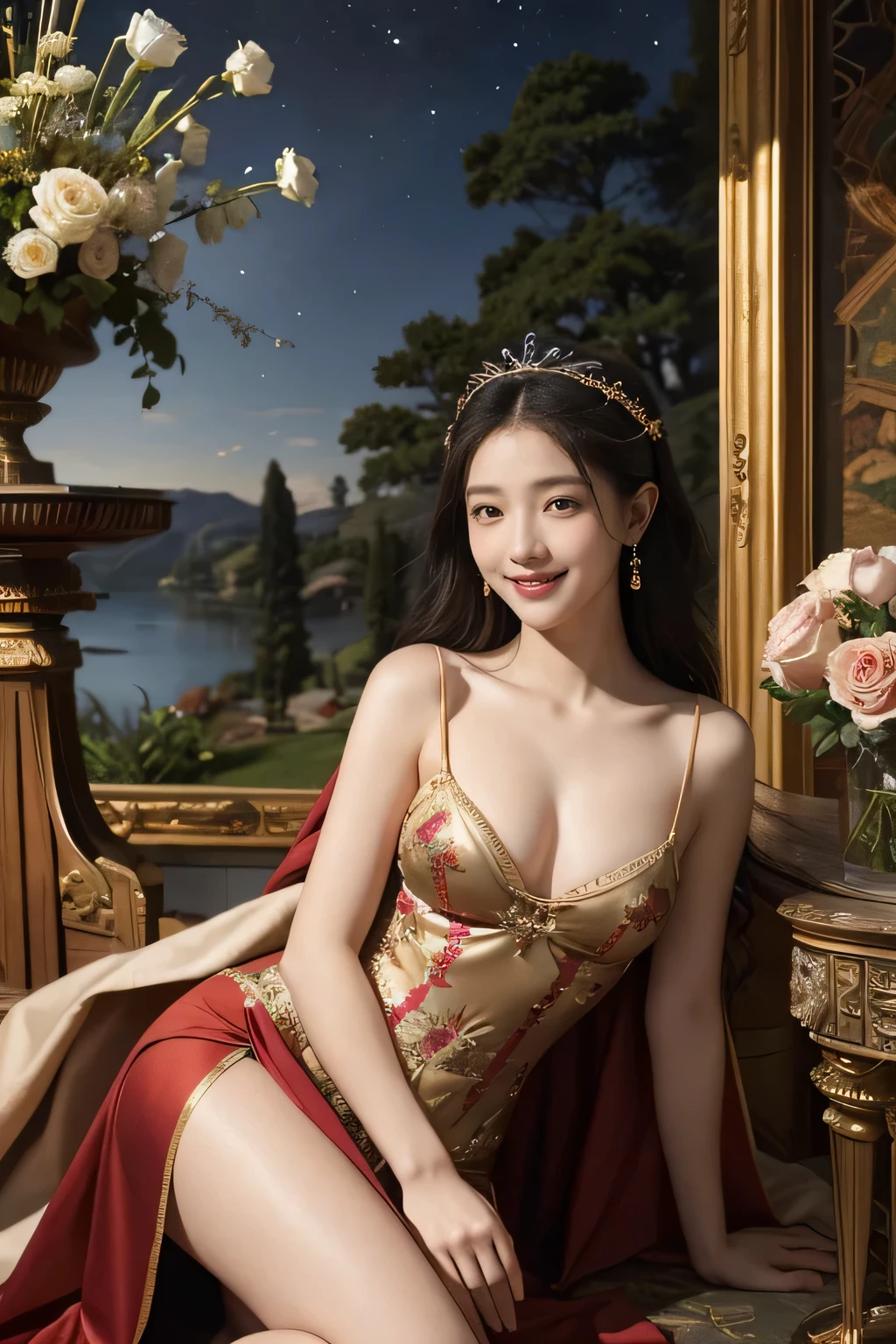 Giorgione painting style,Arguments of two female Philosophe,math、astronomical machine、astronaut、roses in vase、fruits、Cute trinkets、smile、ancient greek costume、Background is a forest lake at night 、Clothes that stretch your shoulders、A big smile、beautiful bare skin、A detailed representation of the seducing woman throughout her body.sexy,erotic smile