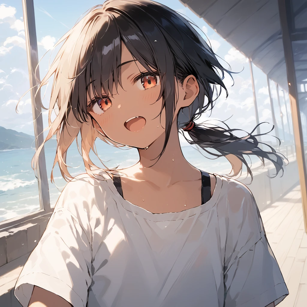 score_9, score_8_up, score_7_up, source_anime, best quality, masterpiece, official art, absurdres, highres, ultra-detailed,waifu2x,Collection: Slice of Life,break,1girl, tomboy, dark-skinned female, short hair, low ponytail, flat chest, beautiful detailed eyes, short shorts, sweat, open mouth, (yawn:0.3), sleepily, outdoors, wind, break,(clear line illustration:1.2),very high resolution, very aesthetic, super detailed skin, Best sexual lighting powered by famous artist, 8k,cute picture,beauty illustration,photoshop_(medium),,(Detailed Lighting),best anime 8k konachan wallpaper, pixiv contest winner,