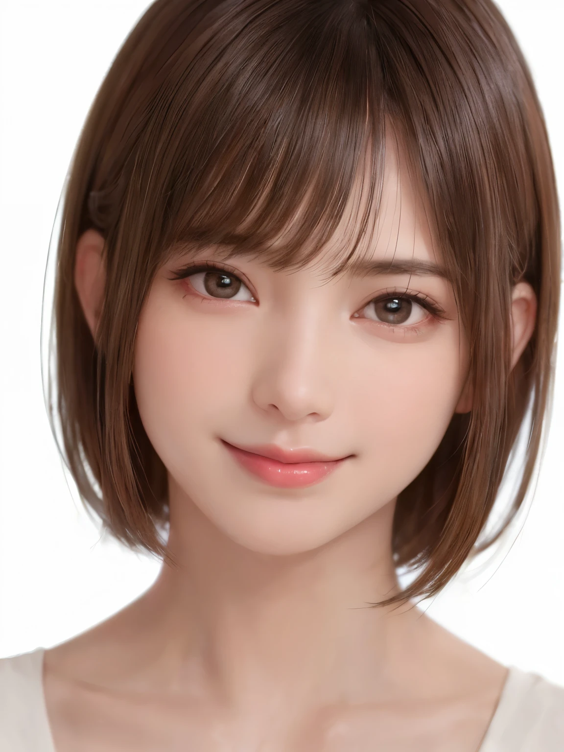 1 girl, alone, glowing skin, chest, very detaileded, ultra detaileded, ultra high resolution, whole body, (photorealism:1.4), (best quality), (best shadow), Ulzzang-6500, detailed, perfect lighting, black hair, ((showpiece, best quality, high precision)), one girl, (big chest, realistic: 1.4), (search at the camera even a little, カメラをsearch, search, search at the camera, looking at the camera))), alone, , white background, snow-white background, shut up, laugh, pretty black hair, Short hair, big eyes, Transparent double eyelids, Eyelashes, listen, long neck, long neck, absolute area, ((face close up, Short hair with forehead)), 19 years old, Attractive proportions, glowing skin, beautiful collarbone, golden ratio face, perfect face, teardrop-shaped mole, chestのほくろ, forehead, clean forehead, beautiful forehead, lip gloss, thin lips, White skin, I took off my clothes., big chest, small face, small face, 少し上を向いてlooking at the camera, ((Please smile slightly at the camera., really nothing pure white background, very big big chest, big chest))