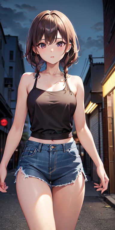 (((professional: Step by step, Consider even the smallest details，The final result is god-level.))): "Absolutely great opportunity, Medium Light Brown Hair，There are two small braids above the ears, 50% Revealing clothes, Showing skin, ((Rave Short Shirt, Low-cut shirt, Wild denim mini skirt, Visible thong strap)), (穿着rave outfit:1.2, 30% rave outfit), (Detailed clothing, Detailed clothing), (Sexy walking posture), Focus only, Awkward, Center, Scale to Fit, Rule of Thirds, ((Night view)),(Cyberpunk night street background: 1.3, Dark sky, alley,  alley, Thick clouds, Background with intricate details), (best quality),(high resolution),(Clear focus),(Exhaustive details),(very high quality art),(Very exquisite 8K CG),((Perfect work) ), (((masterpiece))), illustration, Vibrant colors, High contrast, Selective lighting, Double contact, Human Development Report (High Dynamic Range), Post-Processing, Background blur, Transparent dress"
