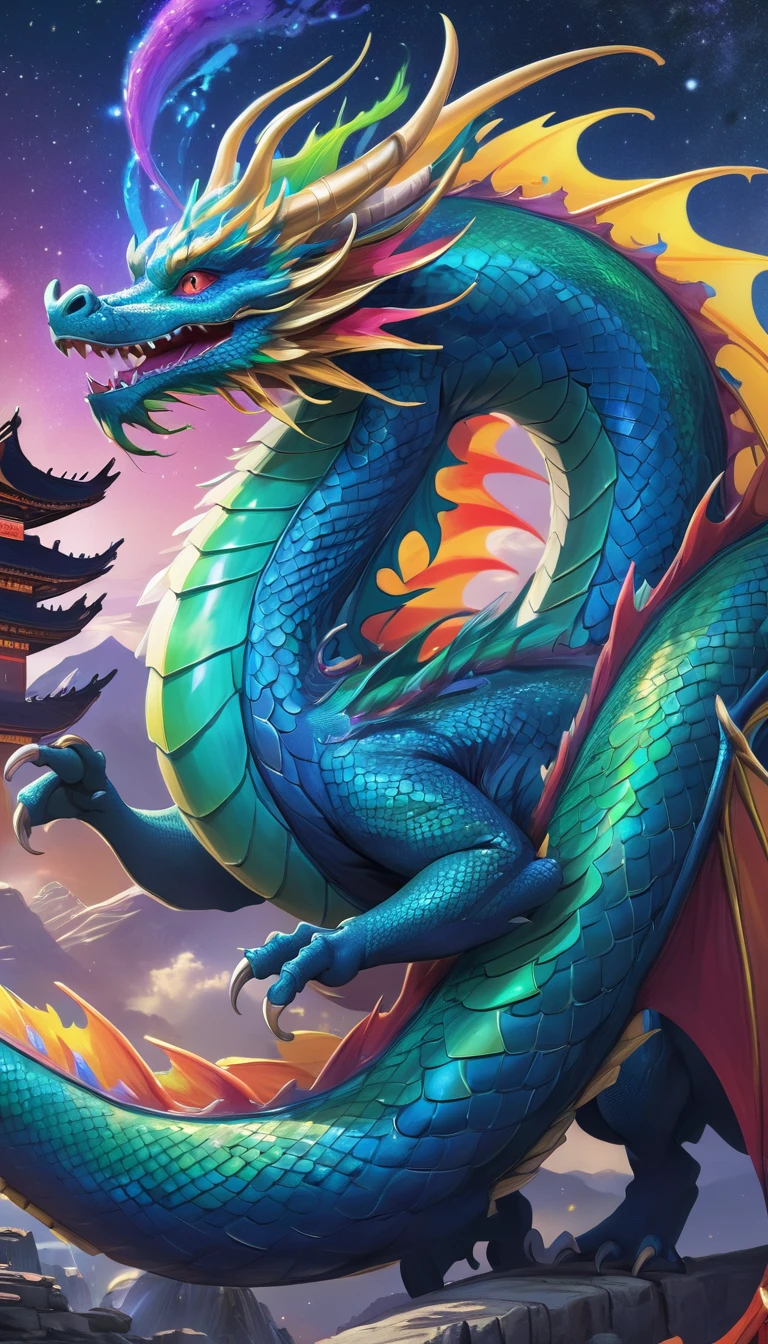 Close-up of a dragon with a colorful tail and stars in the background, Digital art by Yang J, Trending on Art Station, Fantasy art, Dragon Art, Chinese dragon concept art, 8k high quality detailed art, Majestic Japanese Dragon, Cyan Chinese Dragon Fantasy, Very complex and colorful, Detailed fantasy digital art, Highly detailed digital art in 4K
