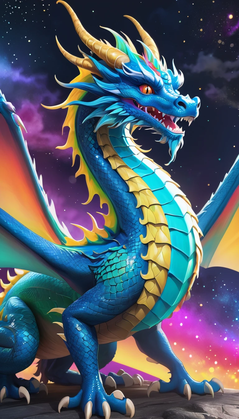 Close-up of a dragon with a colorful tail and stars in the background, Digital art by Yang J, Trending on Art Station, Fantasy art, Dragon Art, Chinese dragon concept art, 8k high quality detailed art, Majestic Japanese Dragon, Cyan Chinese Dragon Fantasy, Very complex and colorful, Detailed fantasy digital art, Highly detailed digital art in 4K