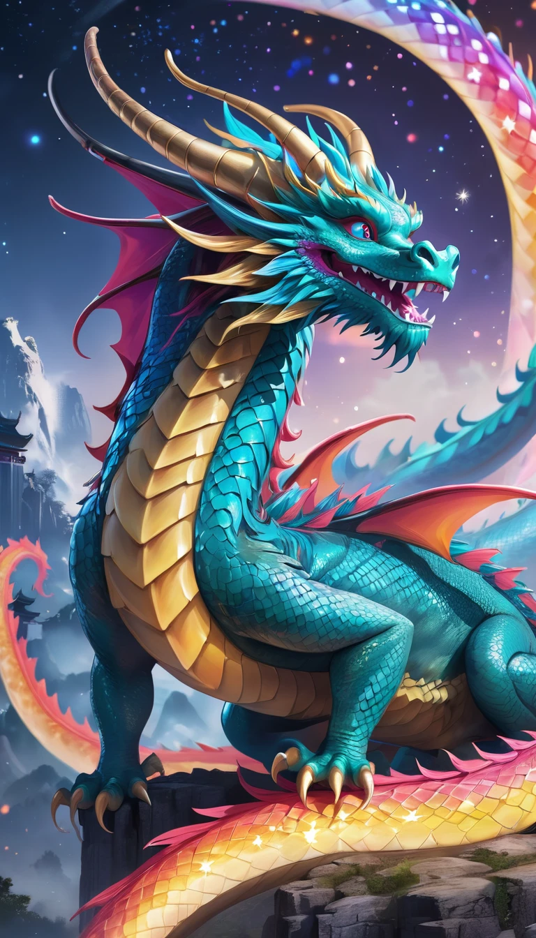 Close-up of a dragon with a colorful tail and stars in the background, Digital art by Yang J, Trending on Art Station, Fantasy art, Dragon Art, Chinese dragon concept art, 8k high quality detailed art, Majestic Japanese Dragon, Cyan Chinese Dragon Fantasy, Very complex and colorful, Detailed fantasy digital art, Highly detailed digital art in 4K