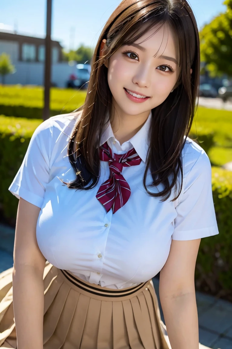 (Best quality,masterpiece,ultra detailed,8K,RAW photo,realistic,high resolution:1.2),(Pretty Japanese girl),(Super huge tits:1.4),(light brown hair),(school uniform,white shirt,pleated skirt:1.4),(voluptuous:1.4),(shoulder length),(light smile:1.2),(chubby:1.4)