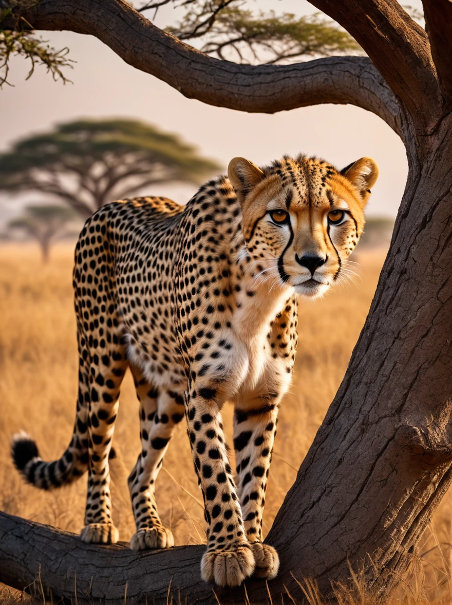 Cheetah on the tree，Catch prey，the African grassland，Big Tree，（Best quality、8K、high resolution、masterpiece：1.2）、Ultra Detail、（lifelike、照片般lifelike、照片般lifelike：1.37）、HDR、wild life photography、Dramatic lighting、Sunset、Prime Time、Sharp focus、Extremely detailed eyes and face
