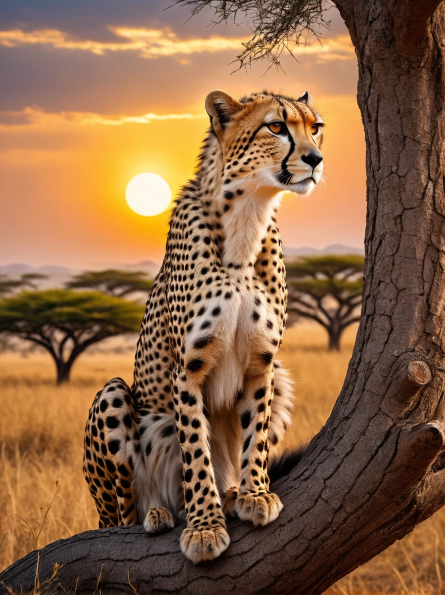 Cheetah on the tree,Catch prey,the African grassland,Big Tree,(Best quality、8K、high resolution、masterpiece:1.2)、Ultra Detail、(lifelike、照片般lifelike、照片般lifelike:1.37)、HDR、wild life photography、Dramatic lighting、Sunset、Prime Time、Sharp focus、Extremely detailed eyes and face