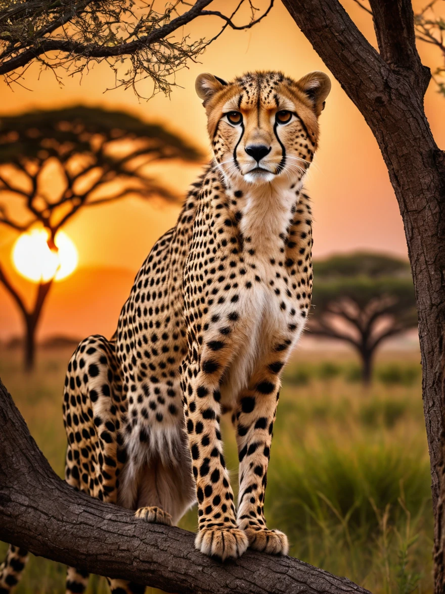 Cheetah on the tree,Catch prey,the African grassland,Big Tree,(Best quality、8K、high resolution、masterpiece:1.2)、Ultra Detail、(lifelike、照片般lifelike、照片般lifelike:1.37)、HDR、wild life photography、Dramatic lighting、Sunset、Prime Time、Sharp focus、Extremely detailed eyes and face