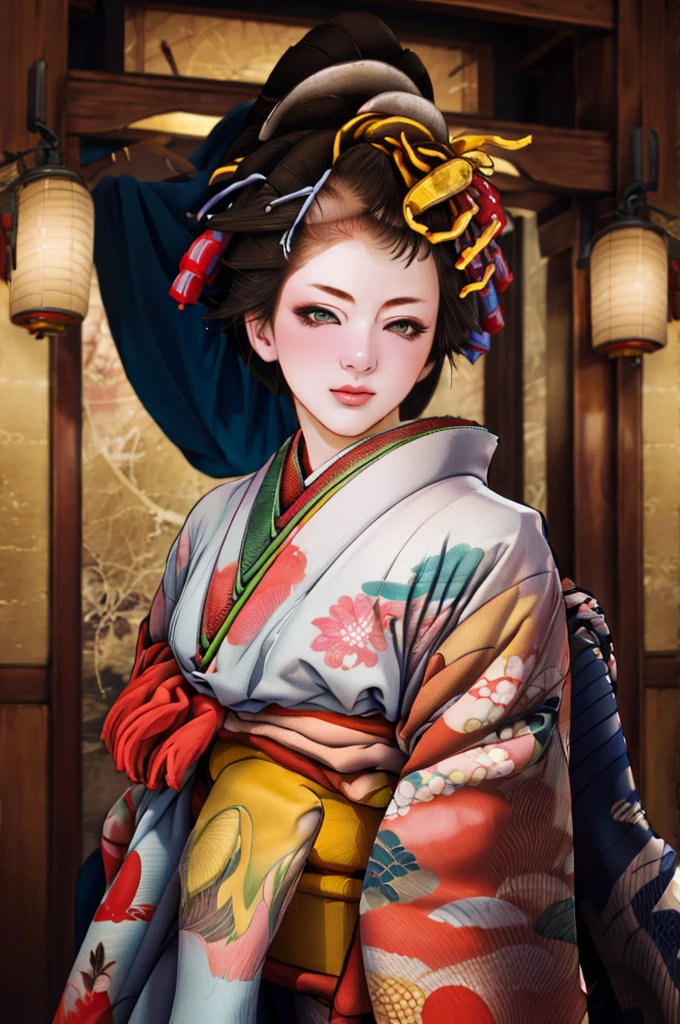 1 Girl, alone, Oiran, Maiko, country, Looking at the audience, short hair, Brown eyes, Brown Hair, Black Hair, hair ornaments, Upper Body, kimono, Blunt bangs, kimono, sash, Compensate, Bob cut hair,