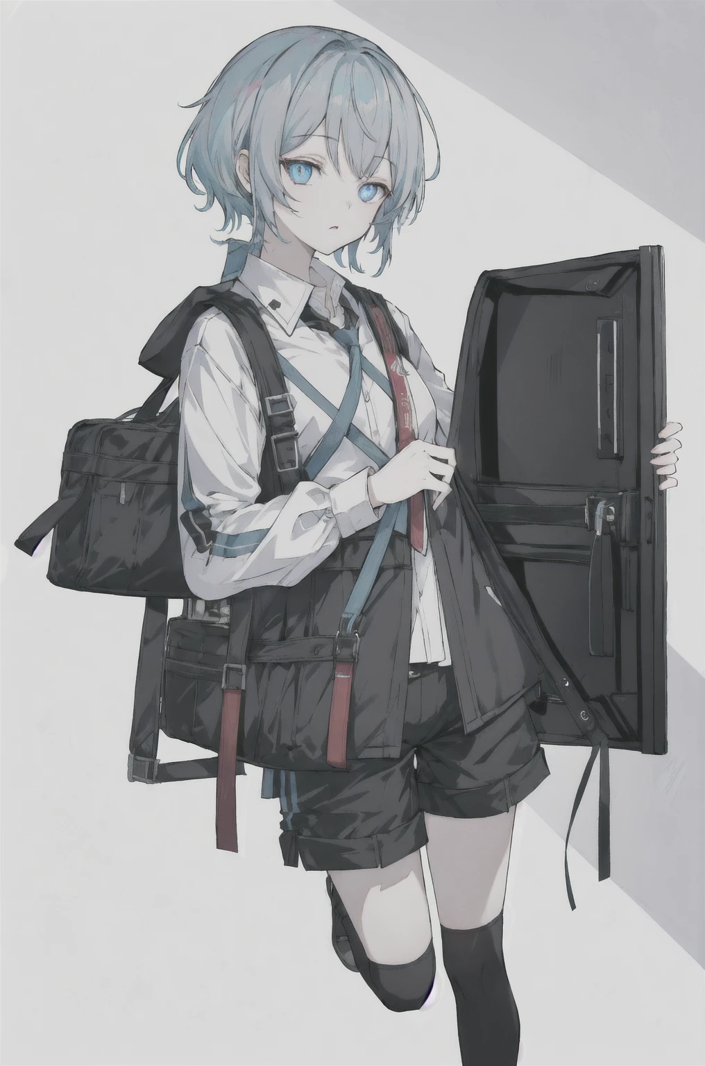 8K,high resolution,absurd,masterpiece,best quality,The original,Extremely detailed CG,Extremely detailed wallpaper,Perfect lighting,1 Girl,Vague_background,
(hutaodef:1.2),Black shorts,black h在 with h在 ,blue eyes,Gray-blue hair,Regular Clothes,modern,Carry the bass,jump