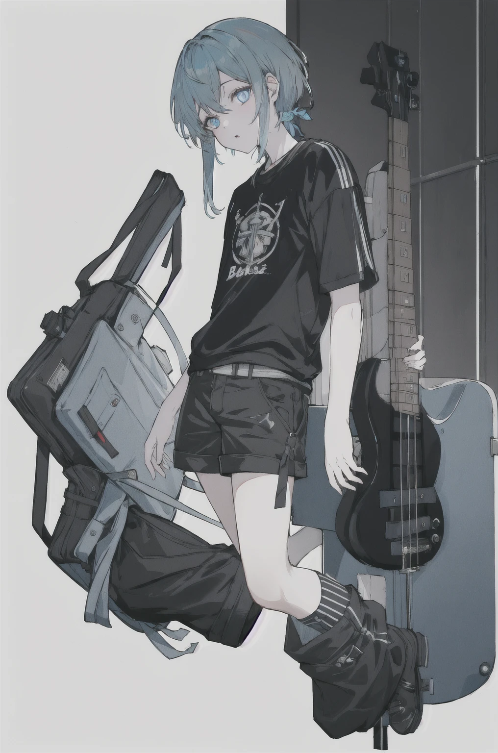 8K,high resolution,absurd,masterpiece,best quality,The original,Extremely detailed CG,Extremely detailed wallpaper,Perfect lighting,1 Girl,Vague_background，
(hutaodef:1.2),Black shorts,black h在 with h在 ,blue eyes,Gray-blue hair,Regular Clothes，modern，Carry the bass，jump