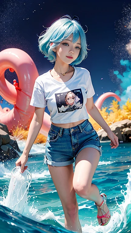 （masterpiece、Highest quality、High resolution），（Colorful background，（Splash Conch Splash，Splashes of color）），pretty girl，Light blueshort hair，short hair，[Light blue|pink]hair，curl，blue eyes，smile、flash，pink嘴唇，（Splash Color，（White shirt），front，Full-body Esbian:0.6，Volumetric lighting，Splashes of color，An explosion of colors，surrounded by colored splashes
