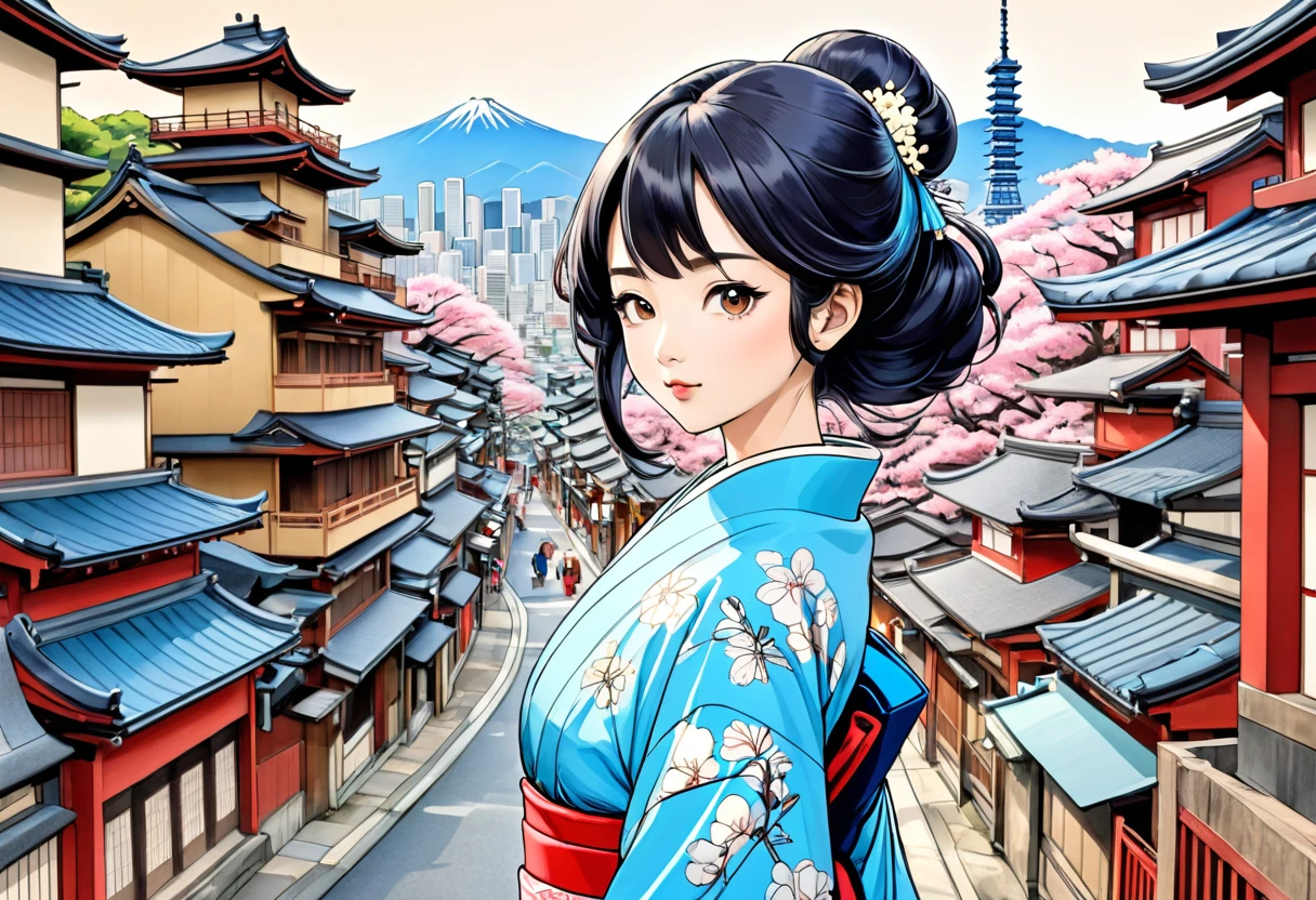 arte em tinta fina, comic style, portrait of japan, Old japan, Glamour de Osaka, bela arte de linha, comic style, manga style, manga art style, pencil and ink caricature drawing, coloring, , other positions, corpo inteiro. Japan Background, desenho colorido. Old japan city in background, exclude people, no person