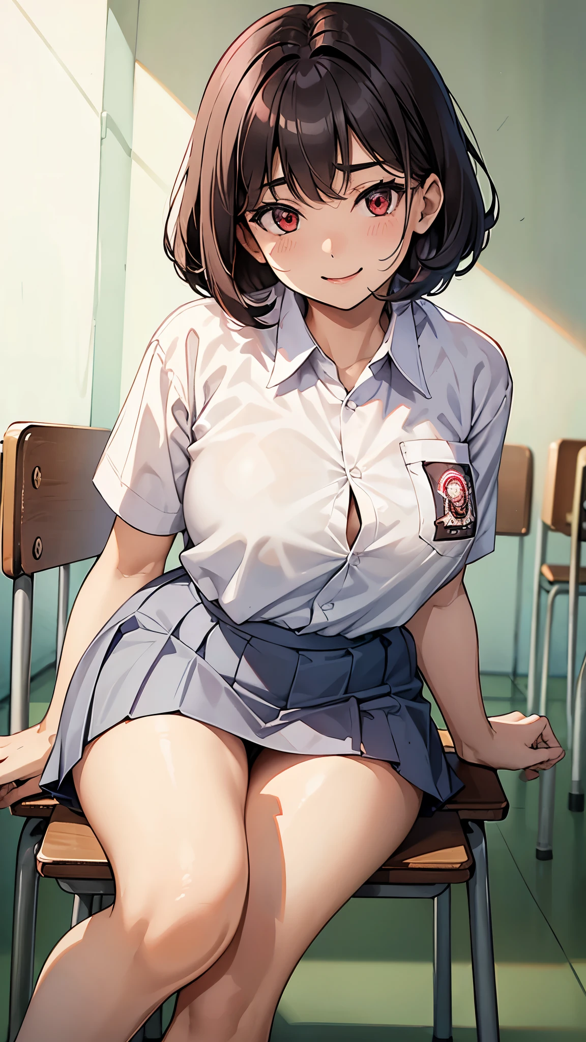 1 woman, ************, curly bob hair, plump body, red eyes, Indonesian high-school uniform, (white transparent shirt), osis logo on shirt pocket, big breasts, light-grey pleated skirt, sitting on a chair, full body shot, smiling, in the classroom.