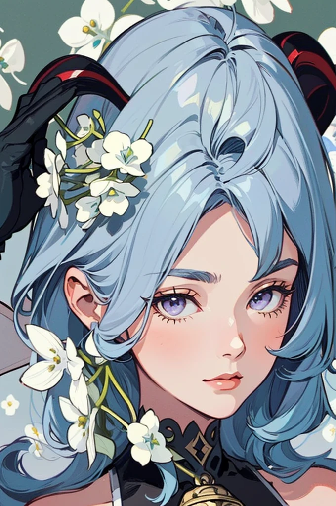 1 girl solo, light blue hair, purple eyes, dark red ram horns, golden bell on her chest, detached white and blue sleeves,  shoulders, sleeveless black top, black gloves, ((portrait face closeup)) Vintage Victorian style, Precise vintage encyclopedia (best quality:1.2), (detailed:1.2), (masterpiece:1.2), vintage botanical illustration, (((white flowers Diphylleia grayi)))