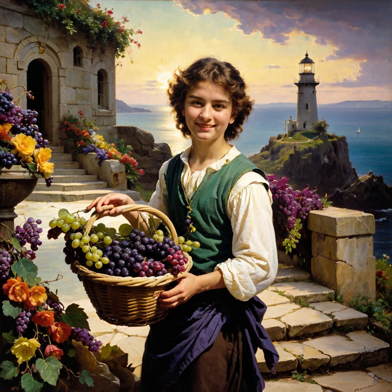 oil on canvas, a beautiful young man with resemblance to Mckenna Grace taking a basket of grapes, in front of some stone steps of an old lighthouse, smiling and looking at the camera, landscape of an epic afternoon , many flowers decorate the place, natural lighting, style of william-adolphe bouguereau