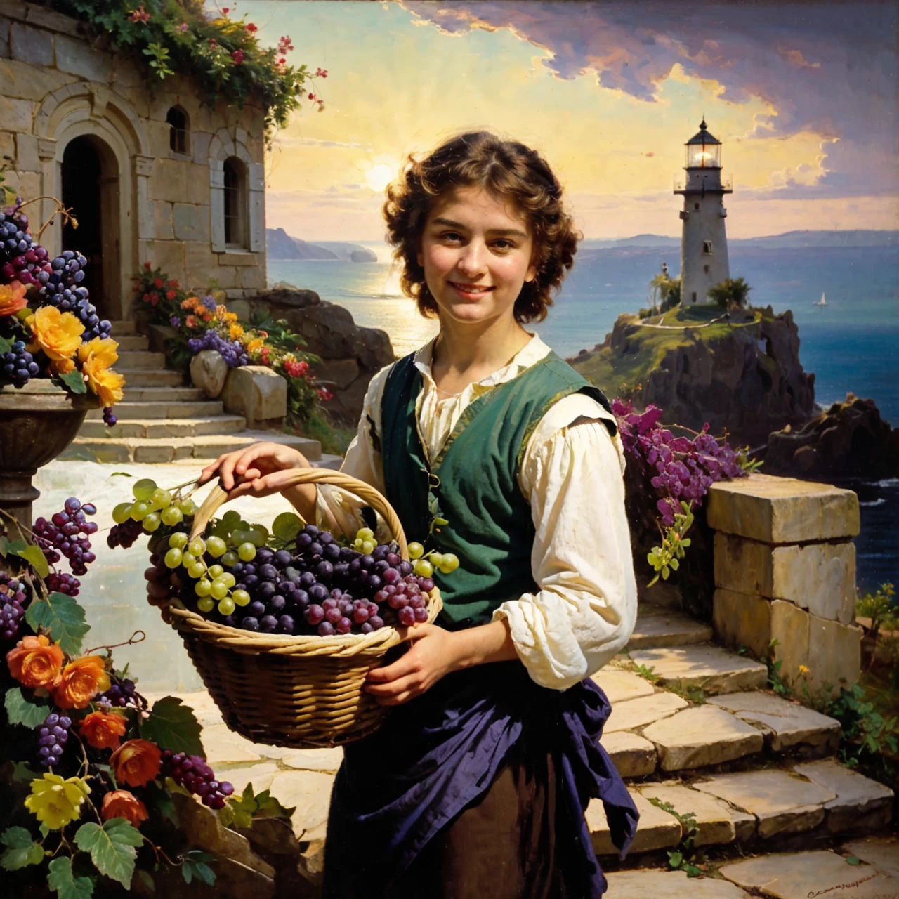 oil on canvas, a beautiful young man with resemblance to Mckenna Grace taking a basket of grapes, in front of some stone steps of an old lighthouse, smiling and looking at the camera, landscape of an epic afternoon , many flowers decorate the place, natural lighting, style of william-adolphe bouguereau