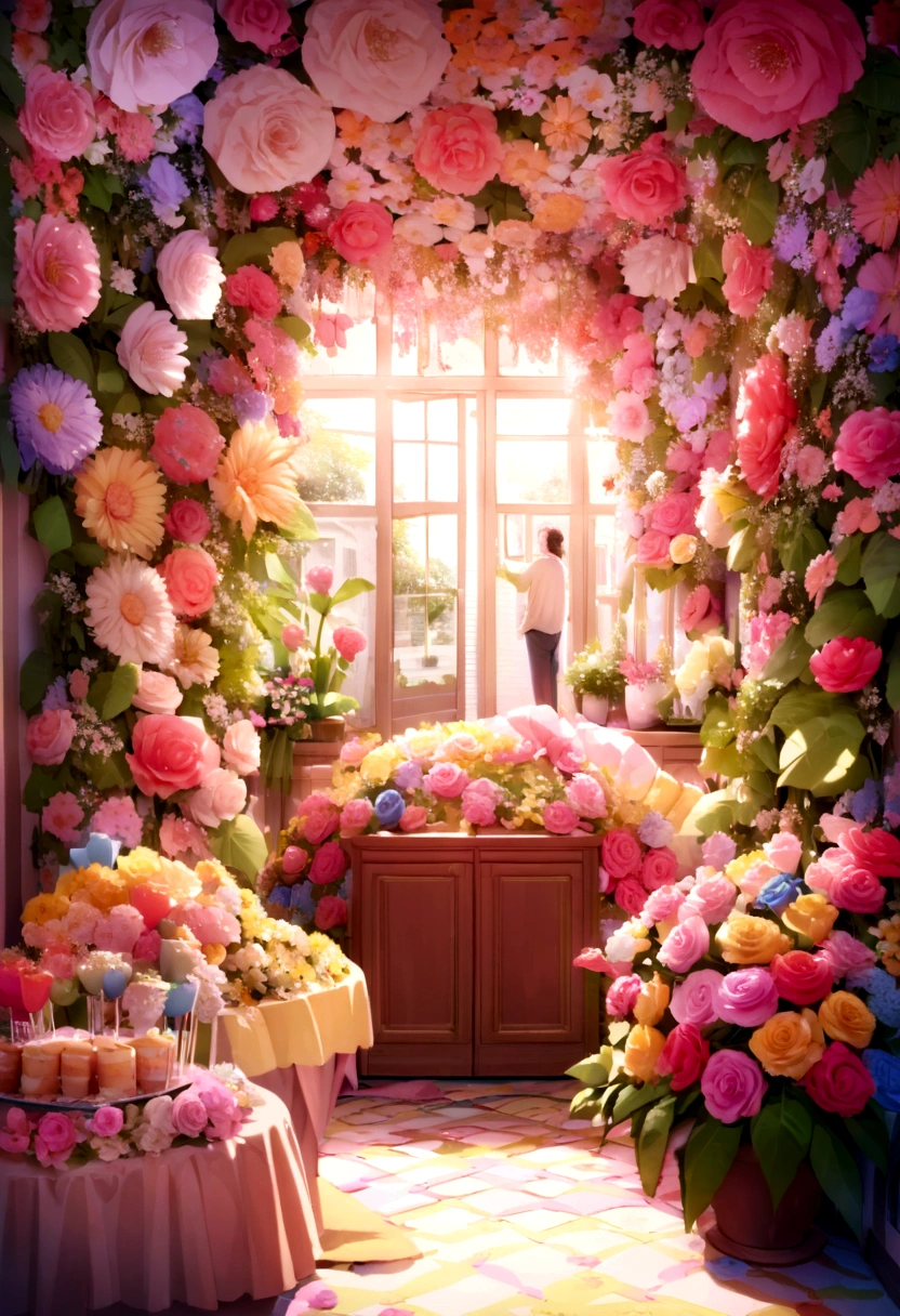 Birthday party decoration with pastell colorfull various giant flower made of crepe paper, room is fully decorated by flower, the room is in family room, room is full with flower, the flower cover wall and ceiling, flower garden decorated room, giant paper flower, standing giant flower with leaves