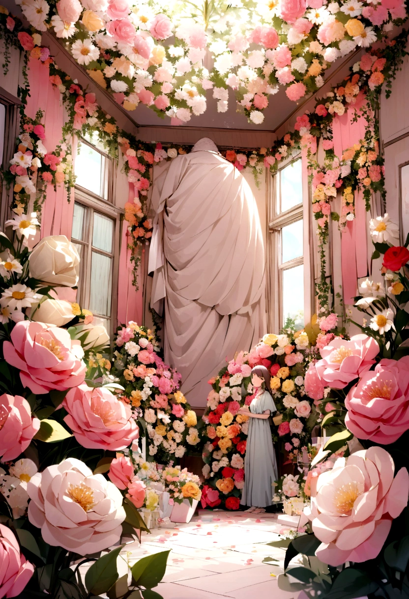 Birthday party decoration with pastell colorfull various giant flower made of crepe paper, room is fully decorated by flower, the room is in family room, room is full with flower, the flower cover wall and ceiling, flower garden decorated room, giant paper flower, standing giant flower with leaves