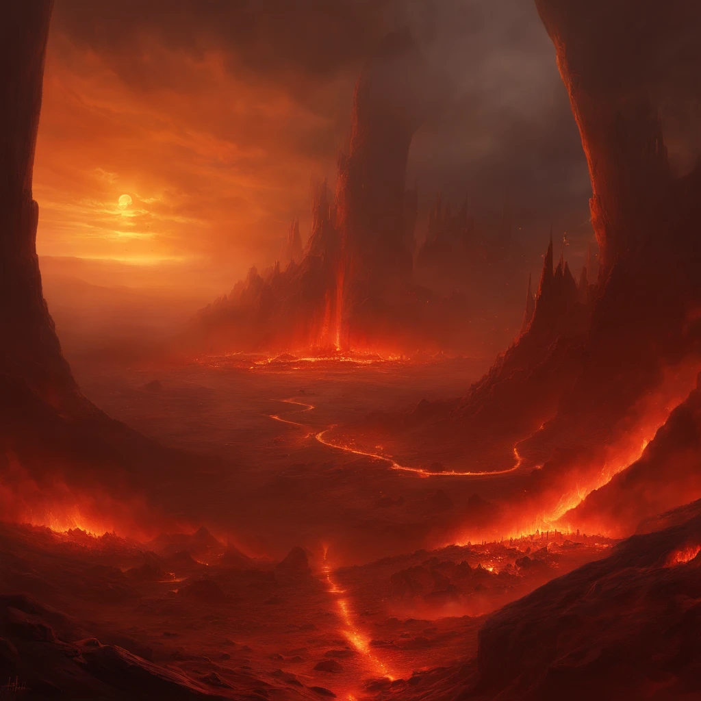 , Hellscape, The bottom of hell, the final battle in hell, apocalyptic landscape!!!!!, mustafar, Hellish ruins, ! apocalyptic landscape!!, Awesome D & D The Art of the Dark Sun, World of Warcraft art