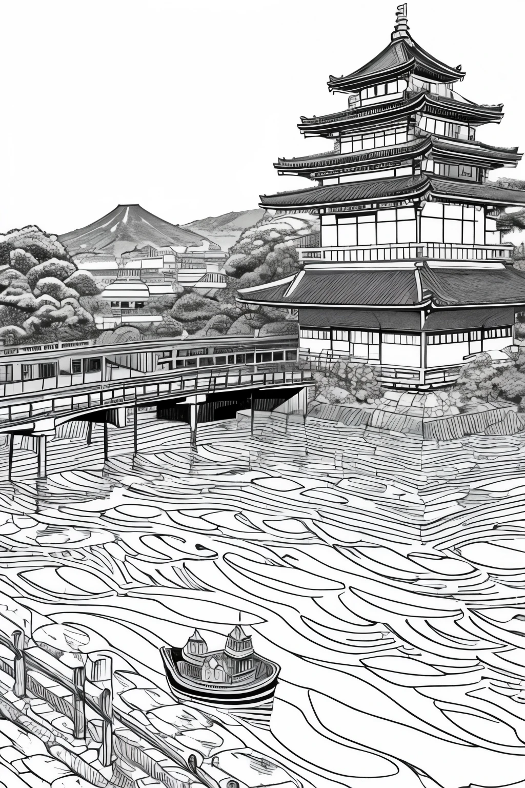A coloring book of ukiyo-e with castles that will help you understand Japanese culture、Black and White