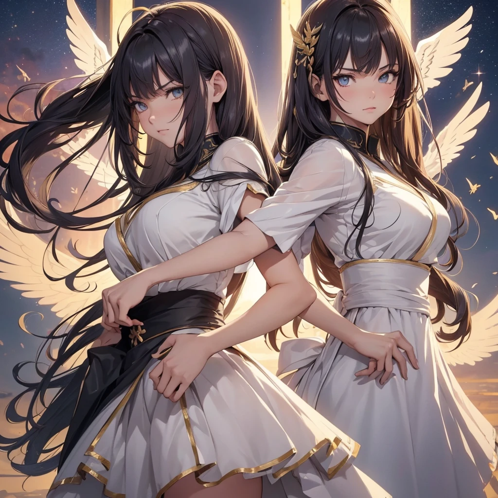 ((best quality)), Delicate face, Character Design Sheet,whole body, Perfect proportion,Rich in details, Multiple poses and expressions, Very detailed, Martial Arts Girl,1Girl with black wings,Gradient hair color,Golden,Delicate eyes, see through,1 Angel Wings Girl,cloud,High balance, Halo,Natural light,Starlight decoration,Background greek temple