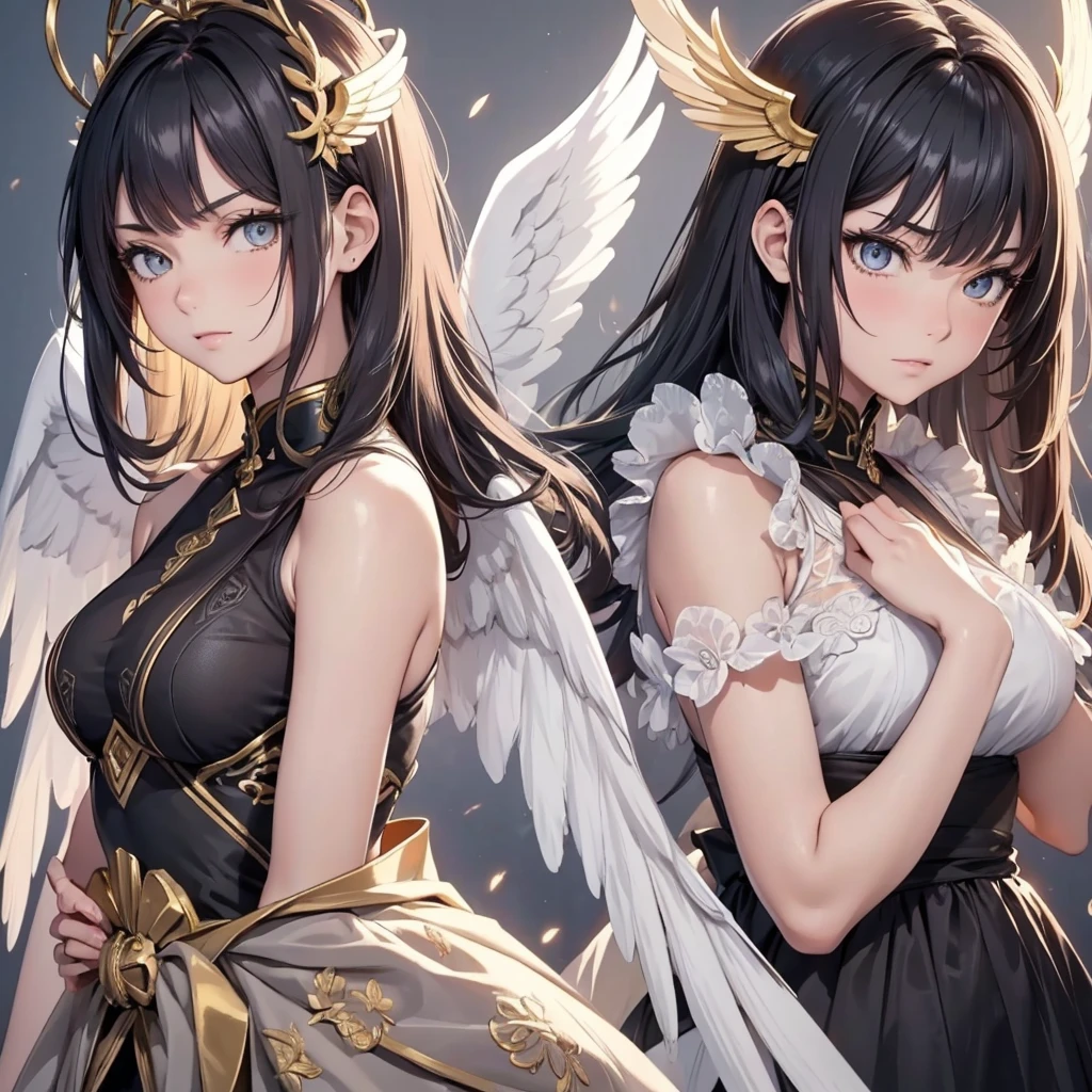((best quality)), Delicate face, Character Design Sheet,whole body, Perfect proportion,Rich in details, Multiple poses and expressions, Very detailed, Martial Arts Girl,1Girl with black wings,Gradient hair color,Golden,Delicate eyes, see through,1 Angel Wings Girl,cloud,High balance, Halo,Natural light,Starlight decoration,Background greek temple