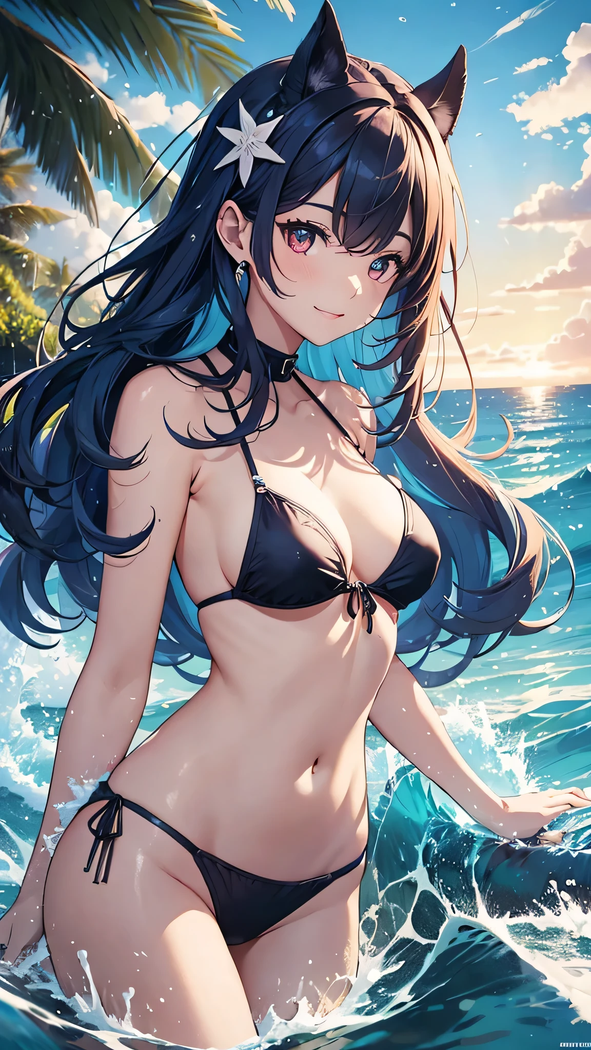 Highest quality、Highest quality、Masterpiece、girl((20-year-old、as soon as、Highest Bust、Medium Bust、Wide open chest、Red glowing eyes、Light Blue Hair、Disheveled Hair、Loincloth、thin、The best valley、Open chest、Full body view、Colorful Bikini、Smile、Leaning forward greatly))、high quality、Beautiful Art、background((Ocean、Wave、beach、Palm tree))、flight、Flying Debris、Depth of text、movie、Visual Arts、Perfect Art、8K、Genuine、Special Angles