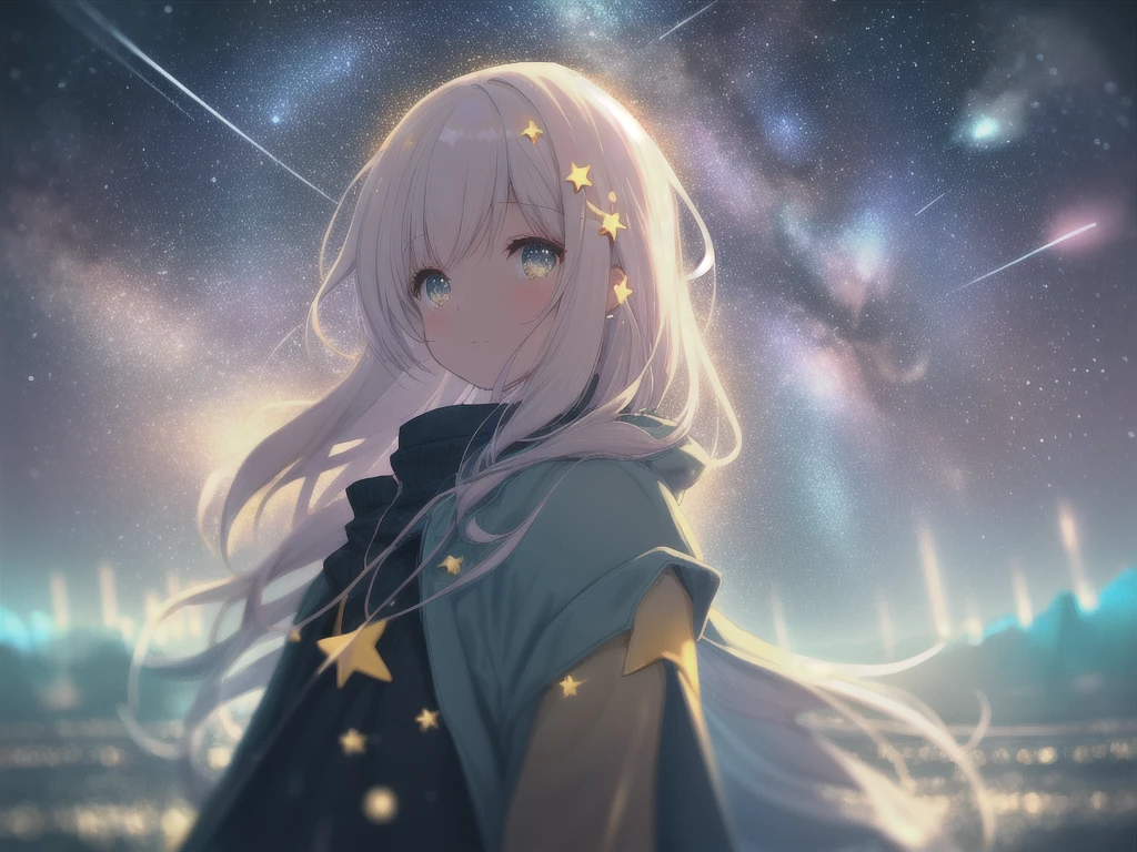 girl, (some stars shining in the sky:1.1), (Many glowing sea angels:1.1), Blurred Background, Bokeh, Depth of written boundary, Starry Sky, Far from the city, alone, That's horrible, Desperate, magic, magical, wonderful, Dark shades, mist