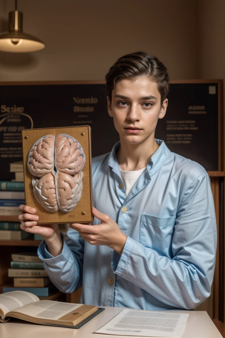 A young male twink, cute, beautiful, soft, with a beautiful face with make-up and blush, and black hair, and his eyes have dark circles under them. He is wearing a long-sleeved aquamarine shirt and white jeans. He is in the Faculty of Medicine, studying on the blackboard with brain anatomy written on it, and on his desk are scientific medical books. And manuscripts of brain anatomy