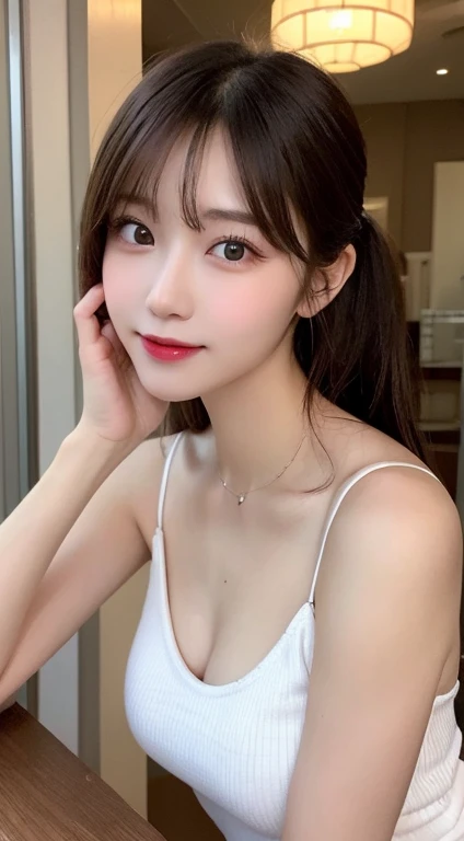 On the table, best quality, shape, Very detailed, Finely, high resolution, 8k wallpaper, 完璧なダイナミックな構shape, Beautiful and delicate eyes, Straight Hair, Small Breasts, Natural lipstick, Casual sexy pose,Smile,20 year old girl、midnight、Beautiful and delicate face、Perfect beautiful face,big eyes、RAW photos、Expressing female posture using the whole body、Beautiful and delicate eyes、Small face、Beautiful duplex、Facelift and style,Beautiful golden ratio face,Double ponytails,Bright appearance,The focus of the shooting is、real picture