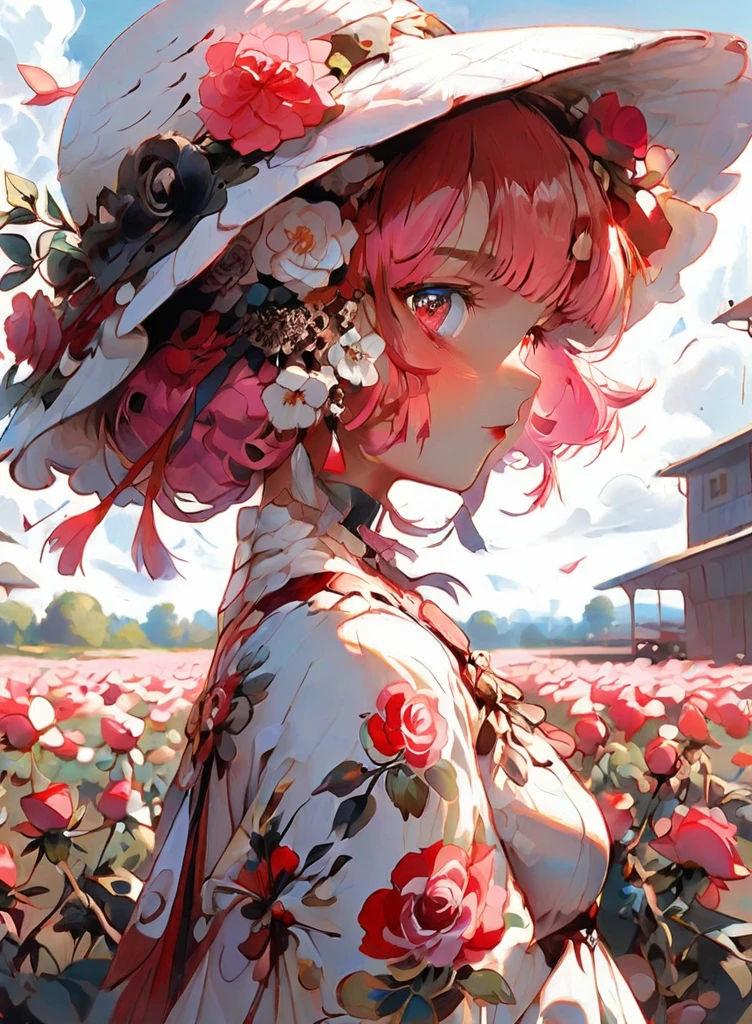 (masterpiece, best quality), 1girl, flower, solo, dress, holding, sky, cloud, hat, outdoors, bangs, bouquet, rose, expressionless, blush, pink hair, flower field, red flower, pink eyes, white dress, looking at viewer, midium hair, holding flower, small breasts, red rose, holding bouquet, sun hat, white headwear, depth of field,((full body)),