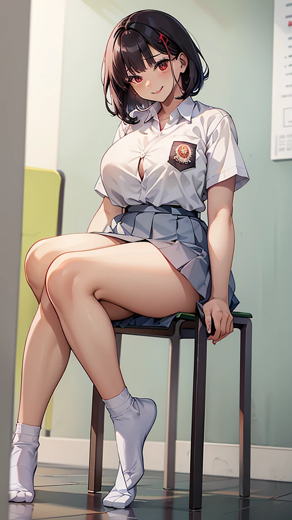 1 woman, , curly bob hair, plump body, red eyes, Indonesian high-school uniform, (white transparent shirt), osis logo on shirt pocket, big breasts, light-grey pleated skirt, sitting on a chair, seductive pose, full body shot, smiling, in the classroom.