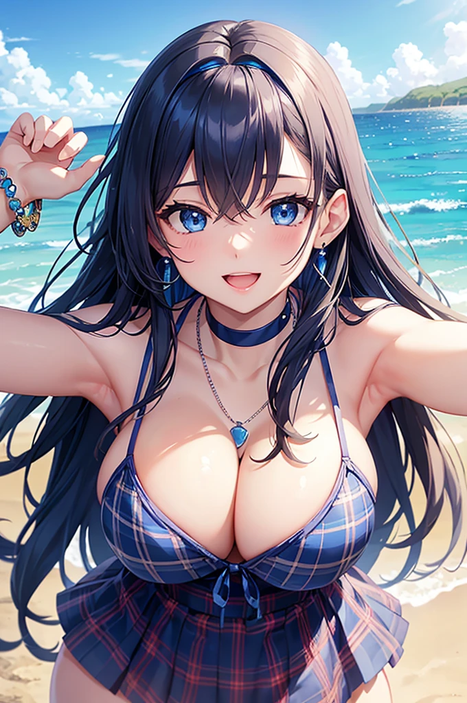 Highest quality、Highest quality、masterpiece、Beauty(Age 25)、Navy blue long hair、blue eyes、Sexy plaid bikini、Big cleavage、(Big Breasts),smile、blue necklace、Blue Earrings、background(Beach)、Please open your mouth wide、White headband、bracelet、Dynamic pose、Blue choker