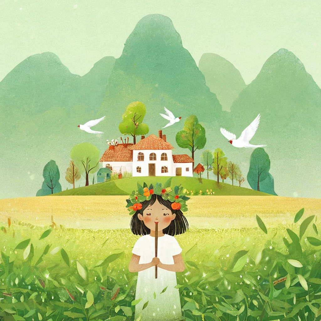 Digital illustration art, a comical illustration of a  girl adorned with many houses, trees, roots, a little swallow, etc. on her head. Her hair is composed of many houses and trees, and the background is green trees and hills (the background blends with the littles hair). Surrounded on both sides, it evokes the charm of a charming rural landscape. White background, the whimpering sound of Chinese calligraphy, vivid Ferdinand du Puigaudeau, Victor nizovtsev, retro tones, sparkling, reflective, best number, 8K, high-definition, high-resolution, dual exposure, beautiful digital illustrations,