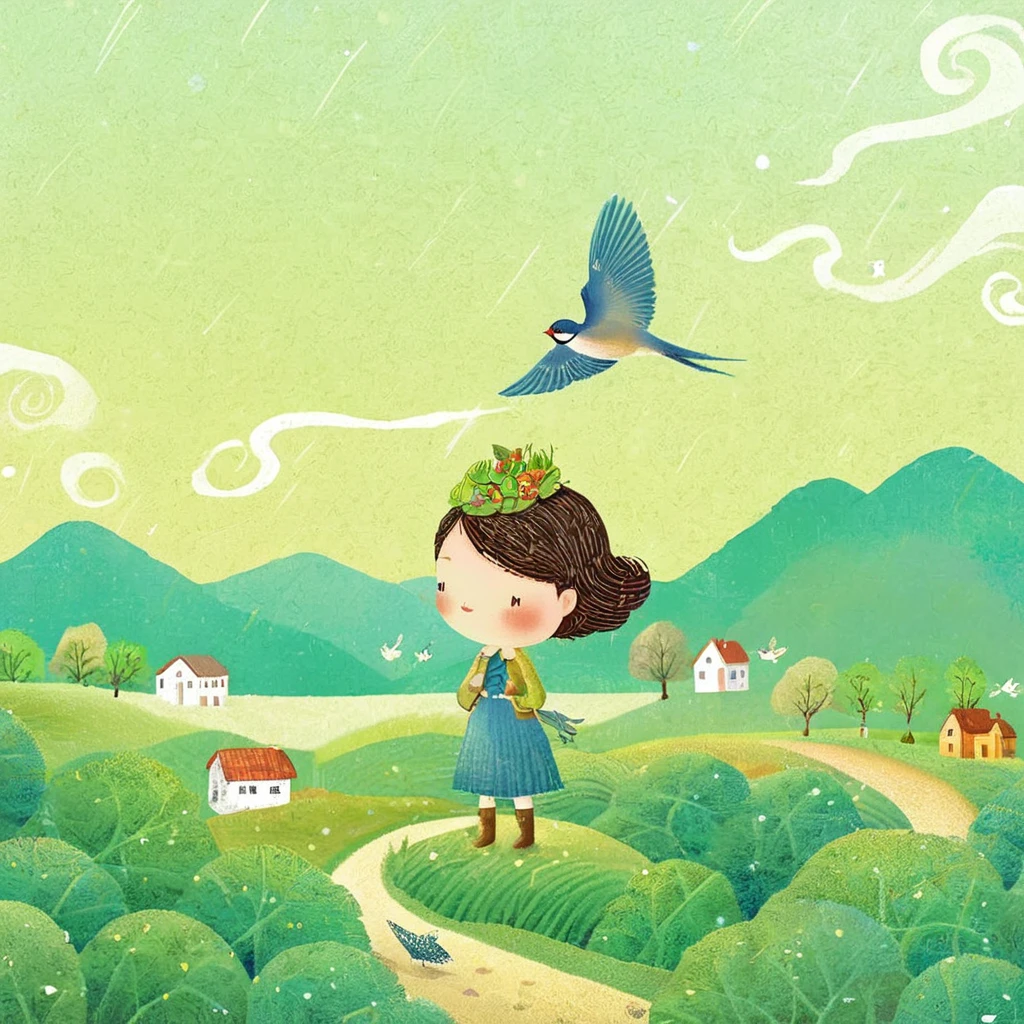 Digital illustration art, a comical illustration of a  girl adorned with many houses, trees, roots, a little swallow, etc. on her head. Her hair is composed of many houses and trees, and the background is green trees and hills (the background blends with the littles hair). Surrounded on both sides, it evokes the charm of a charming rural landscape. White background, the whimpering sound of Chinese calligraphy, vivid Ferdinand du Puigaudeau, Victor nizovtsev, retro tones, sparkling, reflective, best number, 8K, high-definition, high-resolution, dual exposure, beautiful digital illustrations,