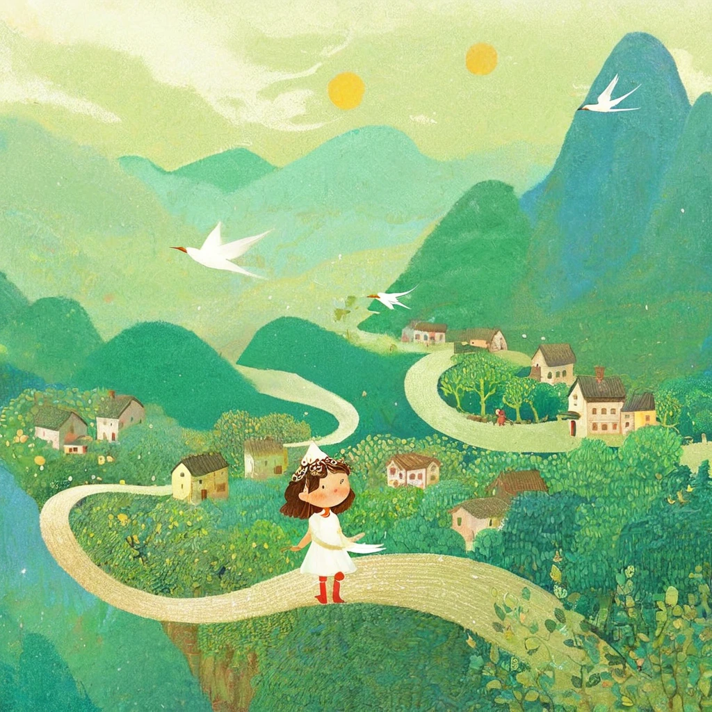 Digital illustration art, a comical illustration of a little girl adorned with many houses, trees, roots, a little swallow, etc. on her head. Her hair is composed of many houses and trees, and the background is green trees and hills (the background blends with the little girl's hair). Surrounded on both sides, it evokes the charm of a charming rural landscape. White background, the whimpering sound of Chinese calligraphy, vivid Ferdinand du Puigaudeau, Victor nizovtsev, retro tones, sparkling, reflective, best number, 8K, high-definition, high-resolution, dual exposure, beautiful digital illustrations,