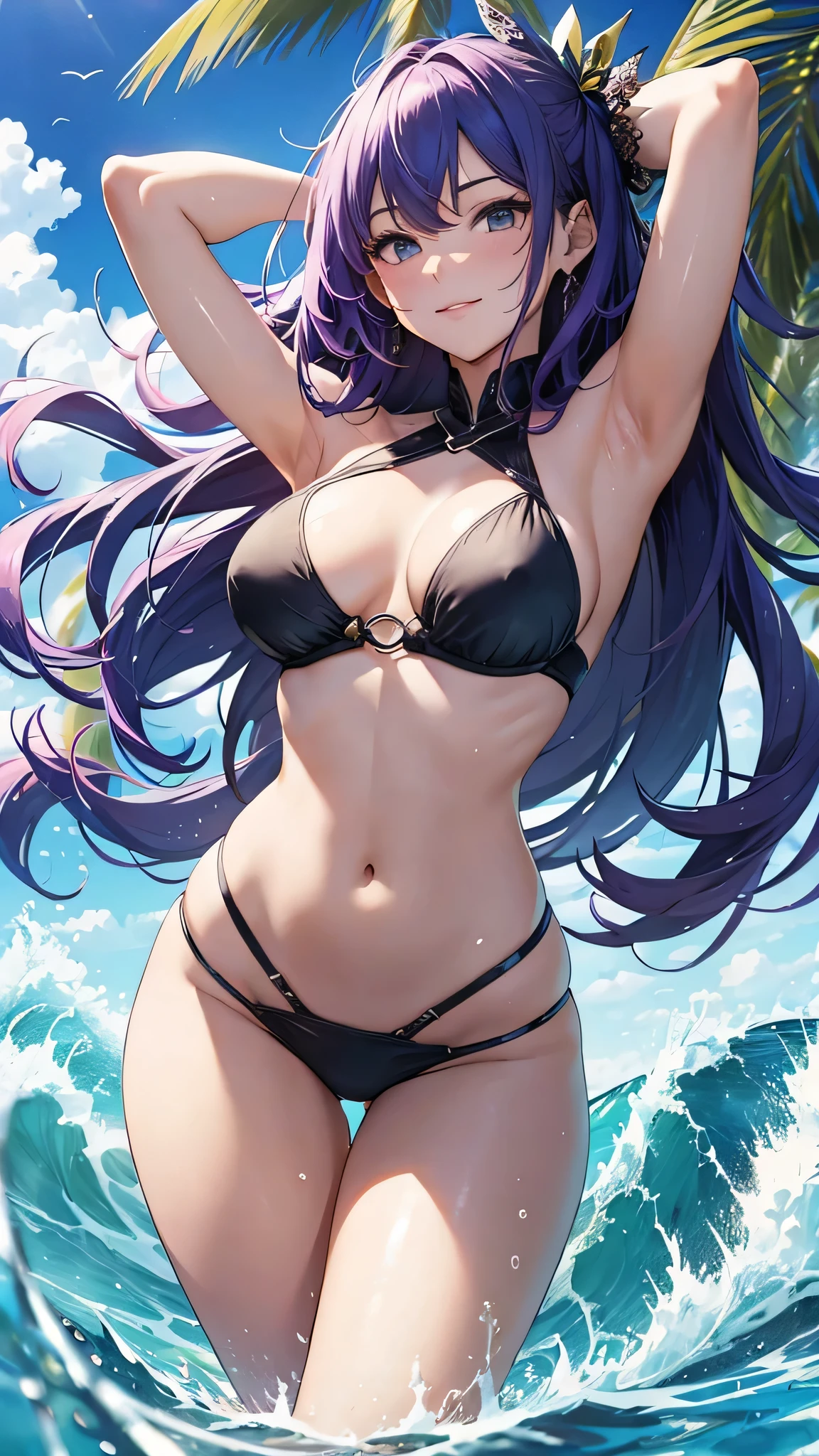 Highest quality、Highest quality、Masterpiece、girl((20-year-old、as soon as、Highest Bust、Medium Bust、Wide open chest、Red glowing eyes、Light Blue Hair、Disheveled Hair、Loincloth、thin、The best valley、Open chest、Full body view、Colorful Bikini、Smile、Leaning forward greatly))、high quality、Beautiful Art、background((Ocean、Wave、beach、Palm tree))、flight、Flying Debris、Depth of text、movie、Visual Arts、Perfect Art、8K、Genuine、Special Angles