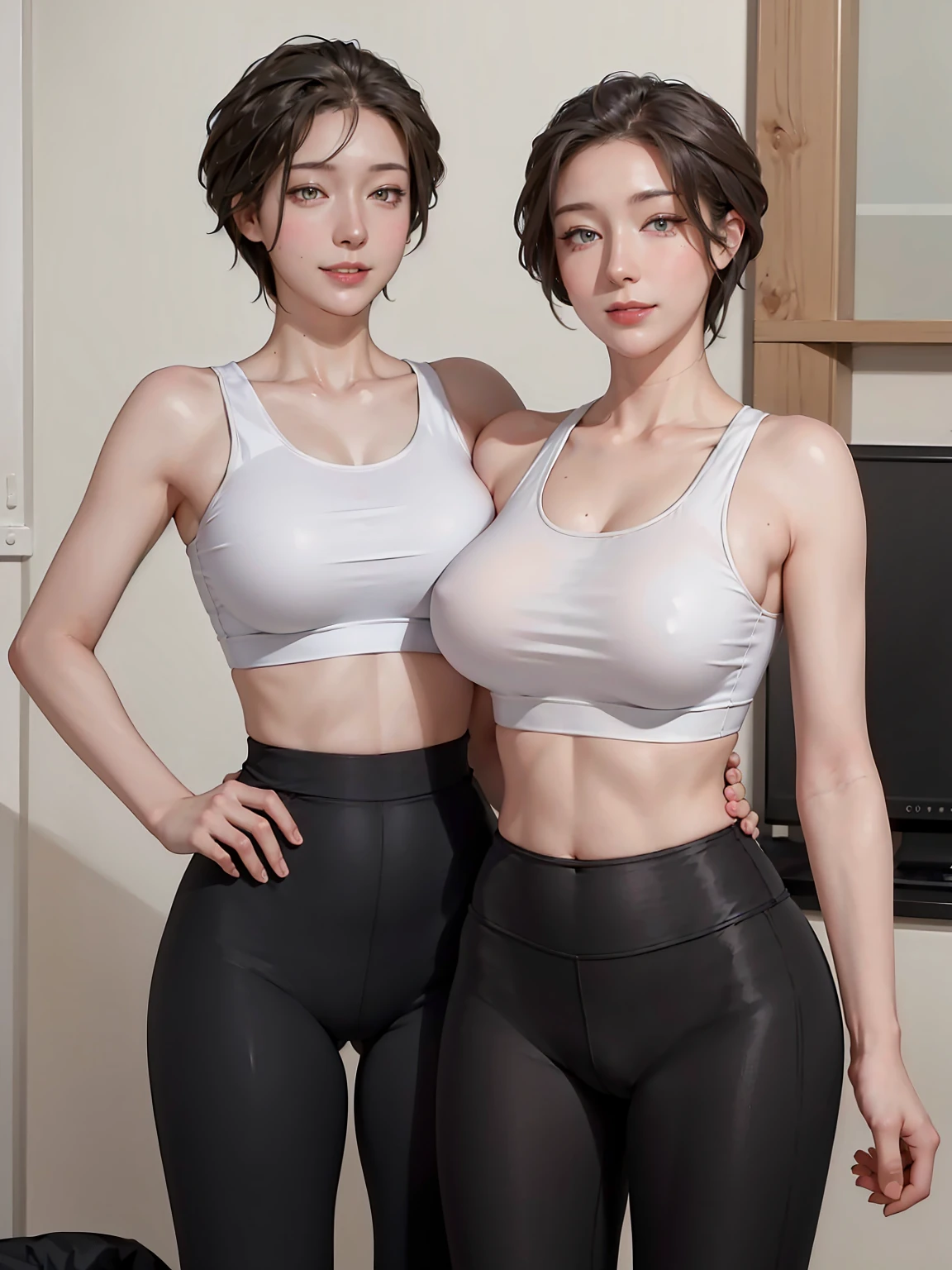 masterpiece, UHD, 4k, highres, ultra highres, hd, best quality, anime screencap, lineart, (1girl), smile, short hair, black hair, bright pupils, detailed eyes, detailed face, sports bra, crop top bra, tight leggings, sport leggings, sport tights, indoor, sunlight, day time,